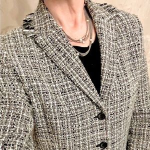 Apostrophe Black and Gray Tweed Wool Blend Blazer with Fringe …